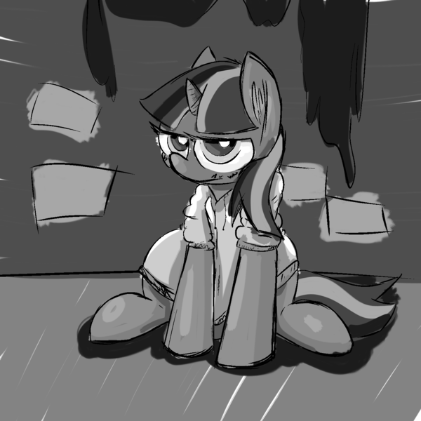 Size: 1425x1425 | Tagged: artist:olympic tea bagger, black and white, bnw, brick, clothes, derpibooru import, grayscale, grudge, hoodie, safe, solo, teenager, twilight sparkle