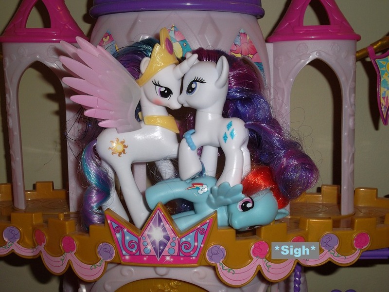 Size: 864x648 | Tagged: artist needed, ask-the-pony-toys, blushing, brushable, dashlestia, derpibooru import, female, horns are touching, irl, lesbian, photo, princess celestia, rainbow dash, raridash, rarilestia, rarity, safe, shipping, toy