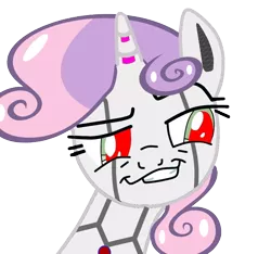 Size: 1024x960 | Tagged: safe, derpibooru import, edit, editor:dtavs.exe, sweetie belle, pony, robot, unicorn, 1000 hours in ms paint, bust, female, filly, foal, horn, modified, ms paint, portrait, simple background, smiling, smug, smugdash, solo, sweetie bot, teeth, white background