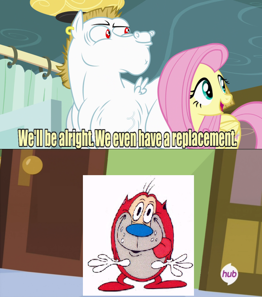 Size: 632x714 | Tagged: bulk biceps, derpibooru import, exploitable meme, fluttershy, meme, ren and stimpy, replacement meme, safe, stimpson j cat, stimpy