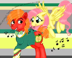 Size: 2000x1624 | Tagged: safe, artist:ilikepudding24, derpibooru import, big macintosh, fluttershy, earth pony, pony, filli vanilli, fluttermac, male, ponytones outfit, shipping, singing, stallion, straight