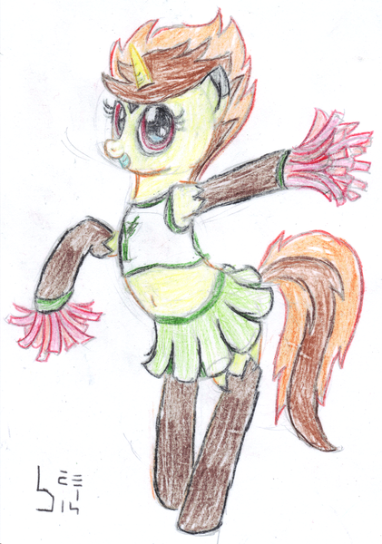 Size: 1410x2008 | Tagged: safe, artist:bamthand, derpibooru import, oc, unofficial characters only, pony, unicorn, belly button, bipedal, cheerleader, clothes, midriff, skirt, solo, traditional art