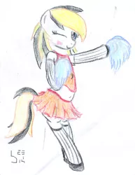 Size: 1349x1751 | Tagged: safe, artist:bamthand, derpibooru import, oc, unofficial characters only, pegasus, pony, belly button, bipedal, cheerleader, clothes, midriff, rule 63, skirt, socks, solo, traditional art