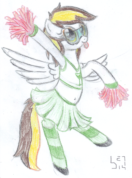 Size: 1339x1810 | Tagged: safe, artist:bamthand, derpibooru import, oc, oc:skybrush, unofficial characters only, pegasus, pony, belly button, cheerleader, clothes, flying, glasses, midriff, skirt, socks, solo, striped socks, tongue out, traditional art