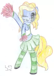 Size: 1265x1796 | Tagged: safe, artist:bamthand, derpibooru import, oc, unofficial characters only, pony, bipedal, cheerleader, clothes, midriff, skirt, socks, solo, striped socks, traditional art