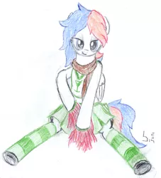 Size: 1625x1792 | Tagged: safe, artist:bamthand, derpibooru import, oc, unofficial characters only, pegasus, pony, cheerleader, clothes, midriff, scarf, sitting, skirt, socks, solo, striped socks, traditional art