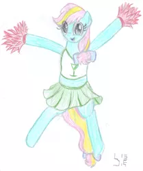 Size: 1850x2214 | Tagged: safe, artist:bamthand, derpibooru import, oc, unofficial characters only, pony, cheerleader, clothes, cute, jumping, midriff, pom pom, skirt, skirt lift, solo, traditional art