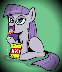 Size: 500x583 | Tagged: safe, artist:catfood-mcfly, derpibooru import, maud pie, daddy and me, eating, filly, open mouth, retarded, rice, simple background, sitting, smiling, solo, tongue out, younger