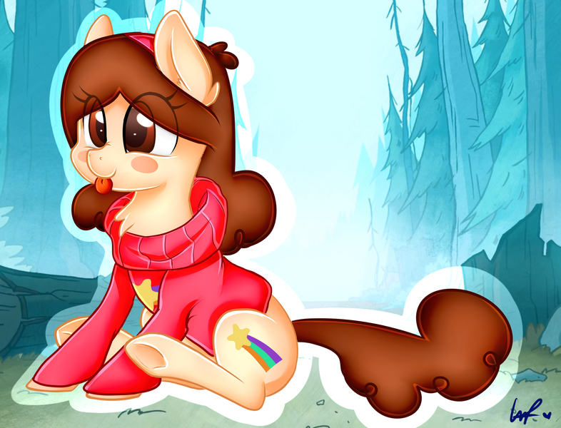 Size: 2292x1750 | Tagged: safe, artist:shyshyoctavia, derpibooru import, ponified, earth pony, pony, :p, blush sticker, blushing, chest fluff, clothes, crossover, cute, female, forest, gravity falls, mabel pines, mare, nature, silly, sitting, smiling, solo, sweater, tongue out, turtleneck, underhoof