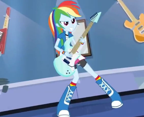 Size: 567x462 | Tagged: safe, derpibooru import, screencap, rainbow dash, equestria girls, guitar centered, rainbow rocks, electric guitar, guitar, rainbow thrash, solo