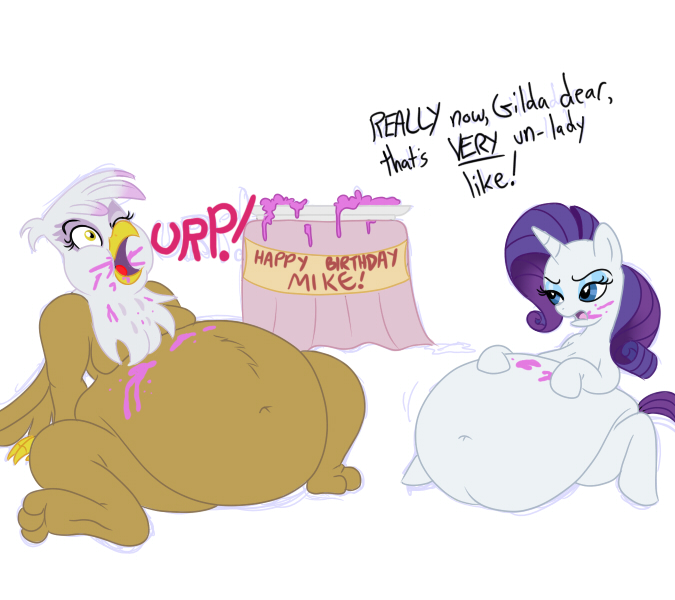 Size: 675x600 | Tagged: safe, artist:dustin, derpibooru import, gilda, rarity, gryphon, pony, unicorn, belly, belly button, big belly, birthday, birthday cake, bloated, burp, cake, fat, food baby, gildough, raritubby, simple background, stuffed, white background