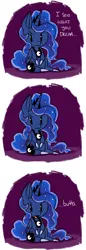 Size: 2097x6062 | Tagged: safe, artist:fauxsquared, derpibooru import, princess luna, alicorn, angry, butts, chibi, comic, cute, dream walker luna, ethereal mane, female, glare, hoof shoes, looking at you, mare, open mouth, sitting, solo, starry mane