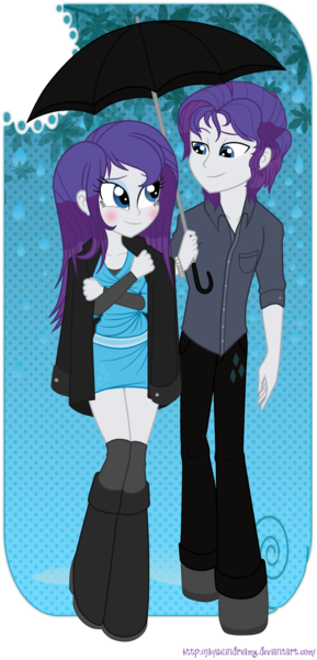 Size: 1018x2110 | Tagged: safe, artist:jaquelindreamz, derpibooru import, rarity, equestria girls, blushing, elusive, equestria guys, female, male, rain, rarilusive, rule 63, self ponidox, selfcest, shipping, straight, umbrella, wet