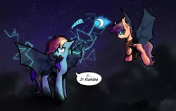 Size: 7327x4654 | Tagged: safe, artist:darkflame75, derpibooru import, rainbow dash, scootaloo, bat pony, pony, absurd resolution, bat ponified, crescent moon, lightning, magic, moon, race swap, rainbowbat, scootabat, space, stars, student of the night, transformation