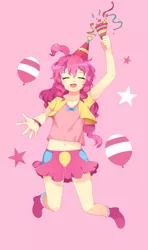 Size: 1570x2660 | Tagged: artist:flora, balloon, belly button, blushing, clothes, confetti, cute, derpibooru import, diapinkes, eyes closed, female, hat, human, humanized, light skin, midriff, open mouth, party hat, party popper, pink background, pinkie pie, pixiv, safe, simple background, skirt, solo, stars, streamers