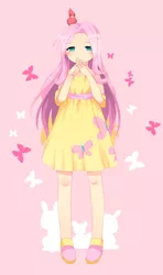 Size: 1570x2660 | Tagged: artist:flora, bird, clothes, cute, derpibooru import, dress, fluttershy, human, humanized, light skin, pixiv, safe, shyabetes, solo, sundress, winged humanization