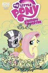 Size: 988x1500 | Tagged: safe, derpibooru import, idw, fluttershy, zecora, armadillo, hummingbird, pegasus, pony, rabbit, snail, squirrel, wasp, zebra, friends forever, spoiler:comic, spoiler:comicff5, comic, cover, frown, gossip, open mouth