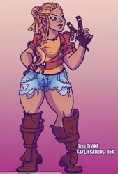 Size: 375x555 | Tagged: applebucking thighs, applejack, artist:kayliesaurus-rex, derpibooru import, human, humanized, moderate dark skin, safe, slingshot, solo