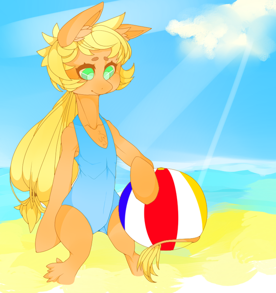 Size: 779x829 | Tagged: applejack, artist:oliviaandedd, ball, beach, chest fluff, clothes, derpibooru import, ear fluff, leonine tail, one-piece swimsuit, safe, sitting, solo, swimsuit, wat