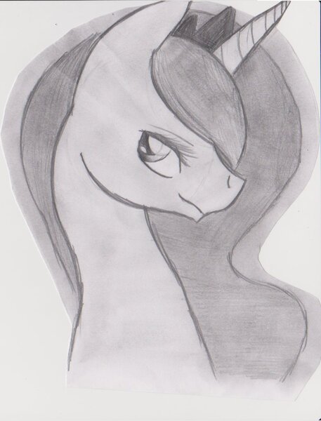 Size: 780x1023 | Tagged: safe, artist:spellchecks, derpibooru import, princess luna, alicorn, pony, black and white, bust, female, grayscale, horn, jewelry, mare, monochrome, portrait, profile, regalia, solo, tiara, traditional art