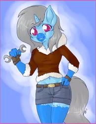 Size: 780x1000 | Tagged: safe, artist:dizzywaiter, derpibooru import, oc, oc:roiling steam, unofficial characters only, anthro, unicorn, anthro oc, belly button, belt, clothes, hand on hip, midriff, shorts, solo, sweater, wrench