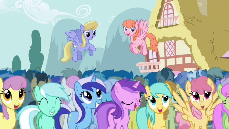 Size: 1280x720 | Tagged: safe, derpibooru import, screencap, airheart, amethyst star, carrot top, cherry cola, cherry fizzy, cloud kicker, coco crusoe, dizzy twister, doctor whooves, golden harvest, jetstream, lemon hearts, linky, lyra heartstrings, merry may, minuette, orange swirl, parasol, pokey pierce, rainbowshine, shoeshine, sunshower raindrops, time turner, twinkleshine, earth pony, pegasus, pony, unicorn, boast busters, background pony, background pony audience, crowd, female, flying, mare