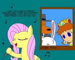 Size: 860x680 | Tagged: artist:pheeph, derpibooru import, eyes closed, fluttershy, max, microphone, princess daisy, safe, sam, sam and max, singing, super mario bros., super mario land