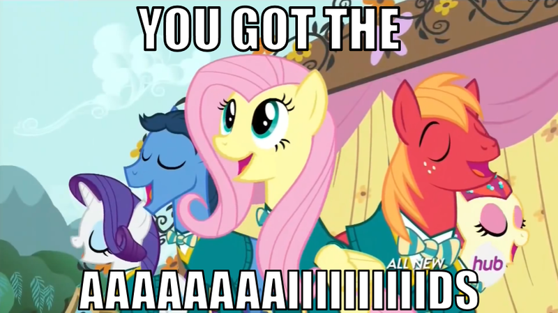 Size: 888x498 | Tagged: safe, derpibooru import, screencap, big macintosh, fluttershy, rarity, toe-tapper, torch song, earth pony, pony, filli vanilli, aids, family guy, hiv, hub logo, image macro, male, meme, ponytones, stallion