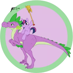 Size: 1500x1500 | Tagged: artist needed, source needed, safe, derpibooru import, spike, twilight sparkle, twilight sparkle (alicorn), alicorn, pony, duo, female, filly, filly twilight sparkle, foal, hoof hold, magnetic hooves, ponies riding dinosaurs, ponies riding dragons, riding, species swap, twilight scepter, younger