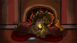 Size: 1280x720 | Tagged: safe, artist:dasnymth, derpibooru import, spitfire, oc, oc:chocolate chips, earth pony, pegasus, pony, blanket, canon x oc, clover, commission, cookie, cuddling, cute, eyes closed, female, firechips, fireplace, four leaf clover, hearts and hooves day, holding hooves, kissing, male, mare, mouth hold, one eye closed, prone, shipping, smiling, snuggling, stallion, straight, wink