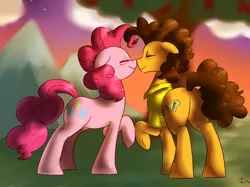 Size: 2001x1500 | Tagged: safe, artist:crade, derpibooru import, cheese sandwich, pinkie pie, blushing, boop, cheesepie, cute, eyes closed, female, floppy ears, male, noseboop, plot, raised hoof, shipping, smiling, standing, straight, sunset