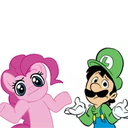 Size: 767x767 | Tagged: artist:kevinbolk, :i, it sucks to be weegie, looking at you, luigi, meme, pinkie pie, safe, shrug, shrugpony, super mario bros.