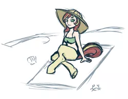 Size: 797x618 | Tagged: artist:daily, beach, bikini, clothes, derpibooru import, hat, looking at you, oc, oc:eventide, offspring, parent:sunset shimmer, safe, satyr, sitting, smiling, solo, swimsuit, unofficial characters only