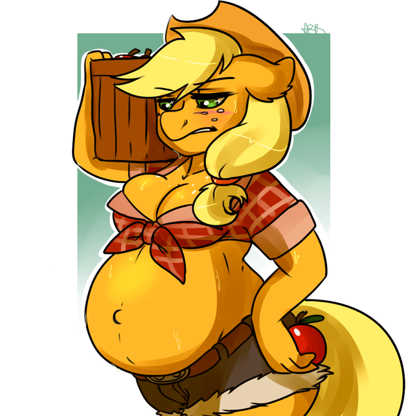 Size: 1000x1000 | Tagged: annoyed, anthro, apple, applejack, artist:arnachy, barrel, belly button, blushing, breasts, carrying, clothes, cowboy hat, daisy dukes, derpibooru import, female, floppy ears, front knot midriff, frown, gritted teeth, hat, midriff, preggo jack, pregnant, questionable, shorts, solo, solo female, stetson, sweat, tired