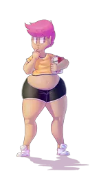 Size: 825x1572 | Tagged: safe, artist:secretgoombaman12345, derpibooru import, scootaloo, chicken, human, ask chubby diamond, belly button, chubby, ear piercing, earring, fat, hips, humanized, image, implied cannibalism, jewelry, kfc, midriff, moderate dark skin, muffin top, piercing, png, scootachicken, scootalard, solo, thighs, wide hips