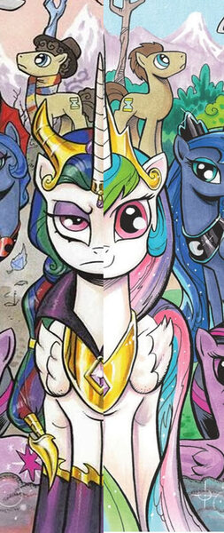 Size: 548x1302 | Tagged: dark mirror universe, derpibooru import, doctor whooves, equestria-3, evil celestia, evil counterpart, evil luna, evil sisters, eyeshadow, fourth doctor, idw, mirror universe, princess celestia, princess luna, safe, spoiler:comic, tenth doctor, time turner