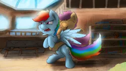 Size: 2560x1440 | Tagged: artist:fuzzyfox11, book, derpibooru import, golden oaks library, ponies riding ponies, rainbow dash, riding, safe, scootaloo, scootalove, surprised