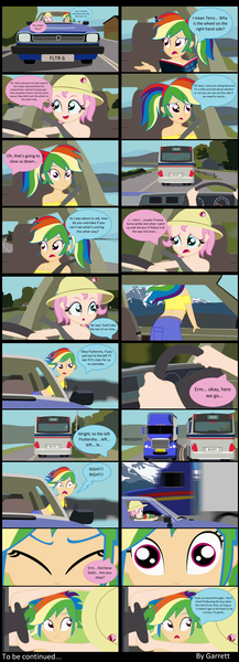 Size: 3950x10900 | Tagged: dead source, safe, artist:garretthegarret, derpibooru import, fluttershy, rainbow dash, comic:a weekend away, equestria girls, big rig, bus, car, comic, driving, human coloration, map, rainbow dumb, road, stupidity, surprised, terry the triumph, triumph, triumph acclaim, truck