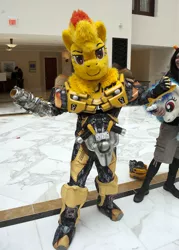 Size: 572x800 | Tagged: safe, derpibooru import, spitfire, bumblebee, cosplay, irl, katsucon, photo, transformers, wat