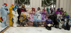 Size: 1024x482 | Tagged: apple bloom, applejack, big macintosh, bumblebee, cobra commander, derpibooru import, fluttershy, g.i. joe, group photo, human, irl, irl human, katsucon, mane seven, mane six, photo, pinkie pie, princess celestia, rainbow dash, rarity, safe, spike, transformers, twilight sparkle, vinyl scratch