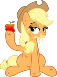 Size: 862x1166 | Tagged: suggestive, artist:jeatz-axl, derpibooru import, applejack, earth pony, pony, simple ways, .svg available, apple, apple juice, applejuice meme, bedroom eyes, dirty, juice, messy eating, show accurate, simple background, sitting, slovenly, solo, stupid sexy applejack, svg, transparent background, vector