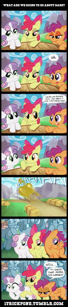 Size: 500x2250 | Tagged: apple bloom, artist:1trick, babsbuse, babs seed, bad end, comic, cutie mark crusaders, dark comedy, derpibooru import, fridge horror, one bad apple, scene interpretation, scootaloo, semi-grimdark, sweetie belle, the implications are horrible, this will end in tears