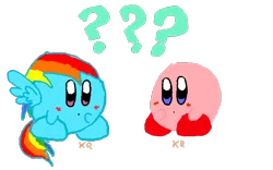 Size: 640x400 | Tagged: artist:kirbyrainboom, crossover, derpibooru import, kirby, kirby (character), kirby dash, kirbyfied, question mark, rainbow dash, safe, simple background, species swap, transparent, transparent background