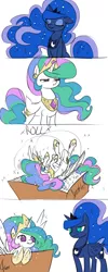 Size: 1600x4000 | Tagged: safe, artist:valcron, derpibooru import, princess celestia, princess luna, alicorn, pony, :t, alternate hairstyle, box, comic, cute, cutelestia, eye contact, eyes closed, female, floppy ears, frown, glare, glitter, horses doing horse things, leaning, luna is not amused, lunabetes, mare, raised eyebrow, rolling, scrunchy face, sillestia, smiling, sparkles, twiface, unamused, weapons-grade cute