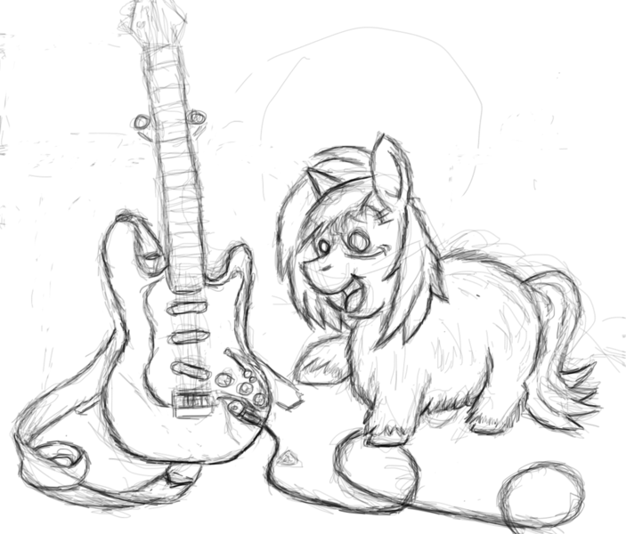 Size: 1142x974 | Tagged: artist:fluffsplosion, derpibooru import, electric guitar, fluffy pony, guitar, impending doom, monochrome, safe, solo, vinyl scratch