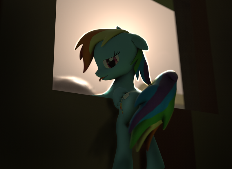 Size: 1483x1080 | Tagged: 3d, artist:mr.tektite, backlighting, bipedal leaning, derpibooru import, explicit source, highlights, looking at you, looking back, plot, rainbow, rainbow dash, shading, solo, source filmmaker, suggestive, teasing, window
