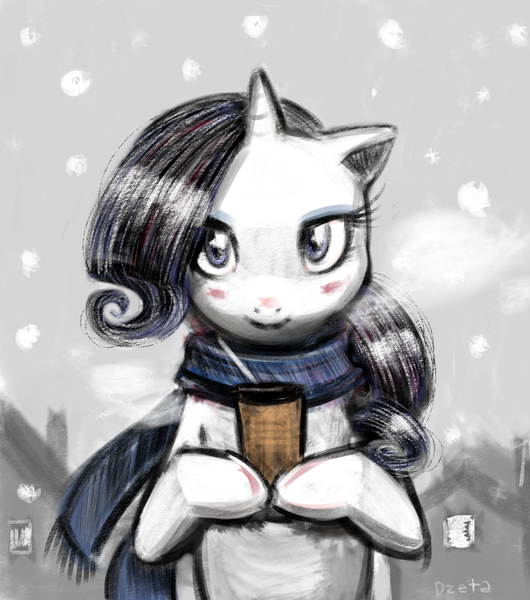 Size: 2648x3000 | Tagged: artist:dzetawmdunion, blushing, clothes, cute, derpibooru import, high res, hot chocolate, rarity, safe, scarf, snow, snowfall, solo