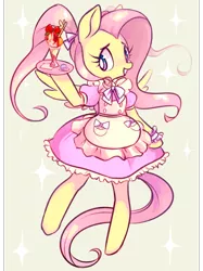 Size: 500x670 | Tagged: alternate hairstyle, artist:ghostier, bipedal, clothes, dead source, derpibooru import, dress, fluttershy, safe, solo, sundae, waitress