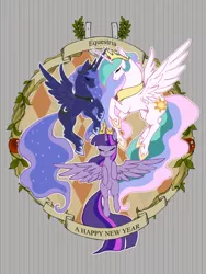 Size: 1500x2000 | Tagged: safe, artist:wolhim, derpibooru import, princess celestia, princess luna, twilight sparkle, twilight sparkle (alicorn), alicorn, pony, eyes closed, female, mare, old banner, pixiv, spread wings