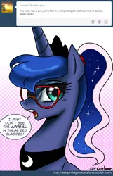 Size: 650x1011 | Tagged: safe, artist:johnjoseco, derpibooru import, princess luna, alicorn, pony, ask gaming princess luna, adorkable, alternate hairstyle, comic, cute, dork, female, glasses, mare, open mouth, ponytail, solo, tumblr